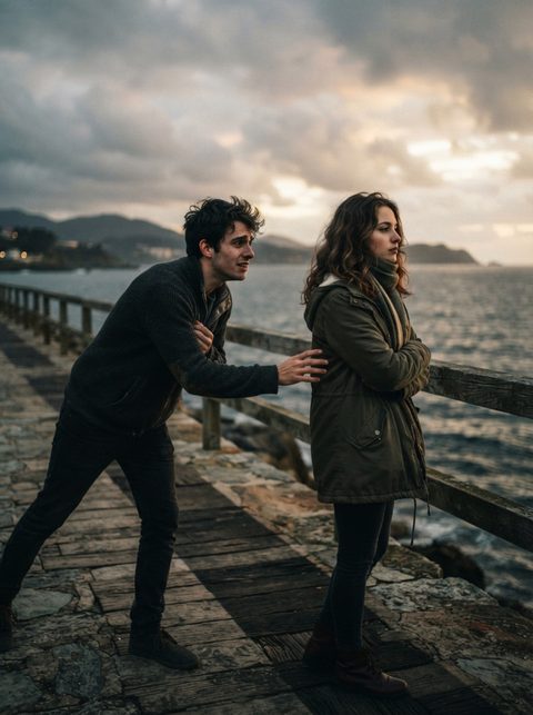 AI-generated cinematic photo of a couple on a pier, one reaching out while the other looks away
