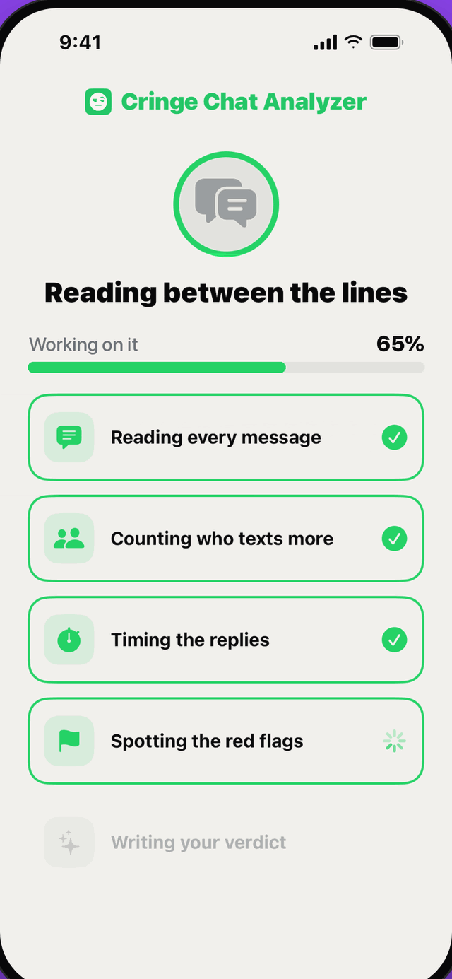 Loading screen at 65 percent, reading every message and timing the replies