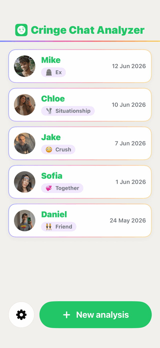 Cringe Chat Analyzer home screen listing past chat analyses